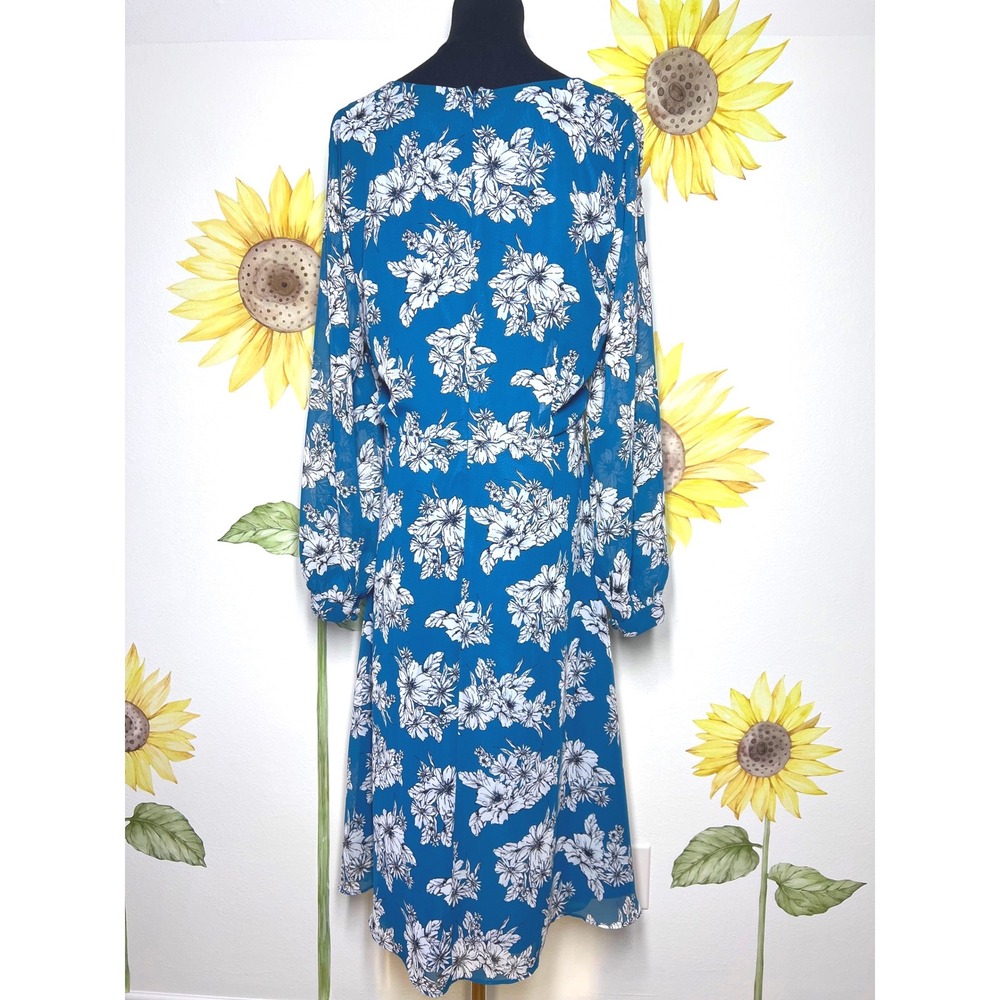 Ann Taylor Teal Blue Floral V-Neck Midi Dress Long Sleeve Size 12 - Picture 3 of 6